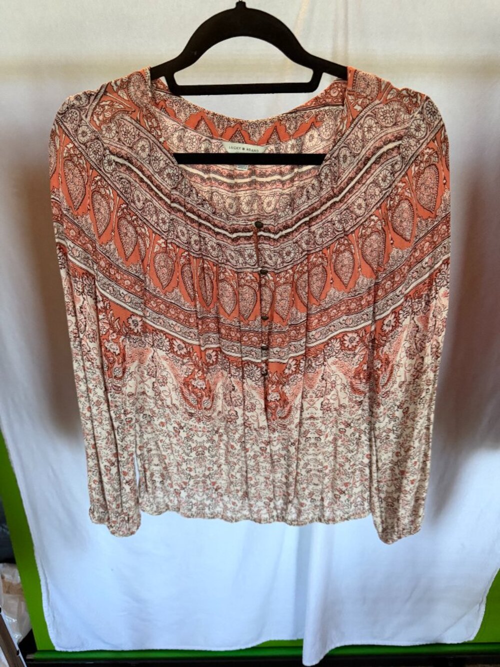 Lucky Brand Orange Cream Paisley Floral Border Print Blouse M